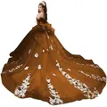Braunes schulterfreies Ballkleid mit Mesh-Schleppe und weißen floralen Applikationen - 16 / Gebranntes Orange