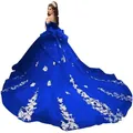 Königsblaues schulterfreies Abendkleid mit langer Schleppe und floralen Applikationen - 14 / Saphirblau