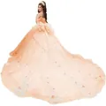 Elegantes pfirsichfarbenes schulterfreies Ballkleid mit langer Schleppe und Spitzenblumen - 16 / Pfirsich