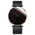 Close-up of Geneva men's fashion watch with black mesh strap and rose gold case - Standard Size / Red Hands Rose Gold Case Black Mesh Band