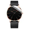 Front view detail of Geneva men's fashion business watch with black dial and mesh strap - Standard Size / Rose Gold Hands Rose Gold Case Black Mesh Band