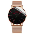 Detail view of fashion Geneva men's watch with rose gold mesh strap and sleek black dial. - Standard Size / Red Hands Rose Gold Case Rose Gold Mesh Band