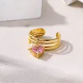 Elegant 18k gold plated stainless steel multi-layer ring with pink heart zircon - Pink Heart Zirconia & Artificial Pearl Style