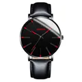 Front view of a stylish men's business watch with black leather strap and Geneva logo - Standard Size / Red Hand Black Case Black Strap