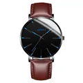 Macro view of Geneva business watch featuring blue markers and brown leather strap - Standard Size / Blue Hands Black Case Brown Leather Strap