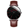 Close-up of fashion business men's watch with brown leather strap and black dial. - Standard Size / Red Hands Black Case Brown Leather Strap