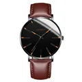 Detail of a stylish men's business watch with black dial and brown leather strap. - Standard Size / Rose Gold Hands Black Case Brown Leather Strap