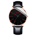 Close-up of stylish Geneva men's watch with black leather strap and rose gold case - Standard Size / Red Hands Rose Gold Case Black Leather Strap