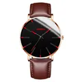 Close-up detail of Geneva men's business watch with black dial and brown leather strap. - Standard Size / Red Hands Rose Gold Case Brown Leather Strap