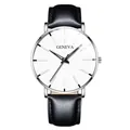Close-up of a Geneva business watch with a minimalist white dial and black leather strap. - Standard Size / White Dial Silver Case Black Strap