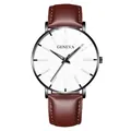 Detailed close-up of a Geneva business watch with a white dial and brown leather strap - Standard Size / White Dial Black Case Brown Leather Strap