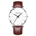 Classic men's minimalist business watch featuring a white dial and brown leather strap - Standard Size / White Dial Silver Case Brown Leather Strap