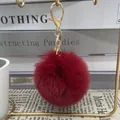 Elegant dark red 8cm faux rabbit fur pom pom keychain with luxury gold metal hardware - Gold Ring Keychain Style / 8cm / 44# Dark Red