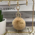Fluffy 8cm faux rex rabbit fur ball keychain in khaki with gold metal ring. - 47# Light Camel / 8cm + Gold Ring Keychain