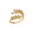 Bague ouverte plaquée or avec motif branche de laurier et oxydes de zirconium blancs - Style de Branche et Feuille à Double Couche (JZ4354G)