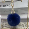 Soft navy blue 8cm faux rex rabbit fur ball keychain featuring a gold lobster clasp - 40# Navy Blue / 8cm + Elastic Band Version (key Ring Not Included)