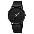Minimalist black men's fashion business watch with stylish metal mesh strap accessory - Standard Size / Geometric Pattern Dial Black Case Black Mesh Strap
