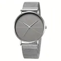 Minimalist men's business wristwatch with silver mesh strap and gray sunburst dial - Standard Size / Geometric Pattern Dial Silver Case White Dial Silver Mesh Strap