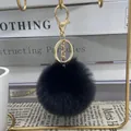 Handmade 8cm black faux rex rabbit fur pom pom keychain with gold lobster clasp and ring - Black / 8cm + Elastic Band Version (key Ring Not Included)