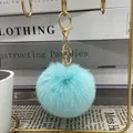 Elegant light blue faux rex rabbit fur pom-pom keychain accessory with gold metal ring - 5# Water Blue / 8cm + Elastic Band Version (key Ring Not Included)