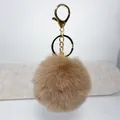 Soft 8cm khaki faux rabbit fur pom-pom keychain pendant featuring a gold metal lobster clasp - Dark Camel / 8cm + Elastic Band Version (key Ring Not Included)