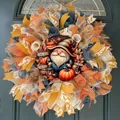 Detailed view of a festive autumn harvest wreath featuring a gnome and pumpkin centerpiece. - Gnome Maze (Style 25) / 45cm (Without Light)