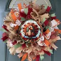 Thanksgiving harvest wreath with turkey stained glass design for front door - Turkey Art (Style 18) / 45cm (Without Light)