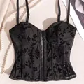Detalle de top tipo corsé con estampado floral flocado y diseño de varillas interno - XS / Negro