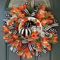 Macro view of an autumn harvest door wreath with vibrant maple leaves and pumpkins - Welcome Pumpkin (Style 2) / 45cm (Without Light)