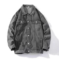 Loose oversized denim jacket for men in charcoal grey, classic button-down style - M / Gray