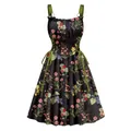 Elegante abito floreale con spalline ad anello e coulisse in vita. - S / Nero