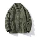 Loose fit men's army green denim jacket with flap chest pockets and silver buttons - M / Army Green