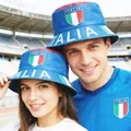 Close-up of a man and woman wearing blue Italian flag fan bucket hats in a stadium setting. - 100% Cotton Double-sided Fisherman's Hat White Base Italian Style / One Size Fits All (56-60)