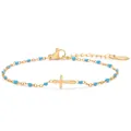 Elegante bracciale a croce regolabile in acciaio dorato con vivaci perline blu - Placcato Oro Blu Lago