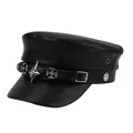 Black leather punk style flat top cap featuring silver cross and star metallic studs - M (56-58cm) / Black Cross Star Style (P-P384)