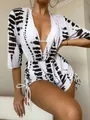 Detalle del bikini de 3 piezas con estampado de cebra y salida de baño de malla transparente. - S / Estampado de Cebra Negro Blanco (Patrón 2)