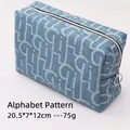 Blue denim travel makeup bag with letter pattern, 20.5x7x12cm, lightweight 75g. - Soft Denim Letter Print / 20.5*7*12cm