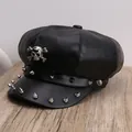 Punk style black faux leather newsboy cap featuring a silver skull and sharp spike studs. - M (56-58cm) / Black Octagonal Skull Style (P-P364)