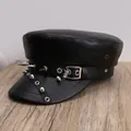 Stylish punk style black faux leather military hat with silver spikes and buckle detail. - M (56-58cm) / Black Brim Studded Style (P-P364)
