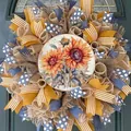 Handmade autumn wreath with sunflowers and decorative mesh ribbons for harvest festival. - Sunflower Style (Style 3) / 45cm (Without Light)