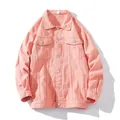 Casual men's loose fit pink denim jacket with classic collar and front buttons design - Pink
