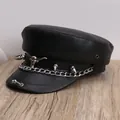 Black leather punk military cap with silver chains and spikes, Jotaro Kujo style - M (56-58cm) / Black Bull Head Metal Style (P-P364)