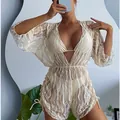 Elegante set bikini tre pezzi crema con copricostume in rete a maniche lunghe e vita alta - S / Top E Pantaloni / Pizzo Rete Albicocca