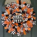Handmade autumn harvest door wreath with orange ribbons and checkered pumpkin Welcome sign - B&W Pumpkin (Style 4) / 45cm (Without Light)
