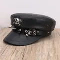 Black punk leather flat top hat featuring silver skull emblem and metal spikes. - M (56-58cm) / Black Flat Top Skull Style (P-P364)