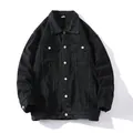 Casual men's oversized black denim jacket featuring silver buttons and chest pockets - Black