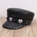 Punk style black leather flat top hat with long silver spikes and purple heart patches - M (56-58cm) / Black Four Rings Punk Style (P-P364)