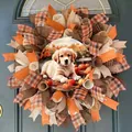 Autumn Thanksgiving wreath with a Golden Retriever puppy and pumpkins mesh ribbon - Golden Retriever & Pumpkin (Style 6) / 45cm (Without Light)