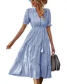 Elegant summer blue and white striped V-neck midi dress with ruffled sleeves and tassels - S / Blue