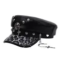 Punk style black leather flat hat with leopard print brim and silver studs - M (56-58cm) / Black Leopard Brim Skull Style (P-P401)